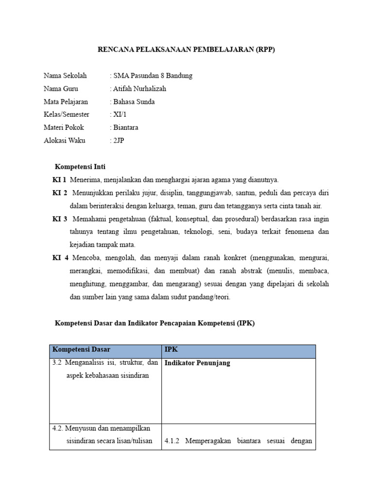 Rencana Pelaksanaan Pembelajaran SISINDIRAN - Atifah | PDF