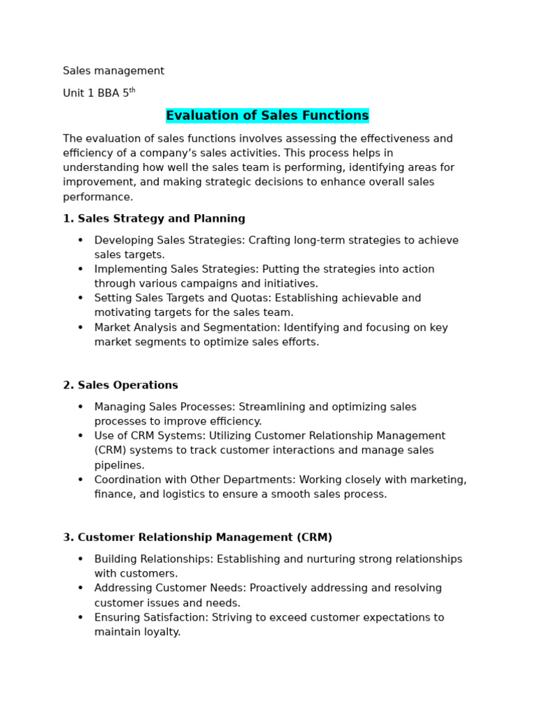 Unit 1 Sales Management Evaluation of Sales Functions and Quality | PDF ...