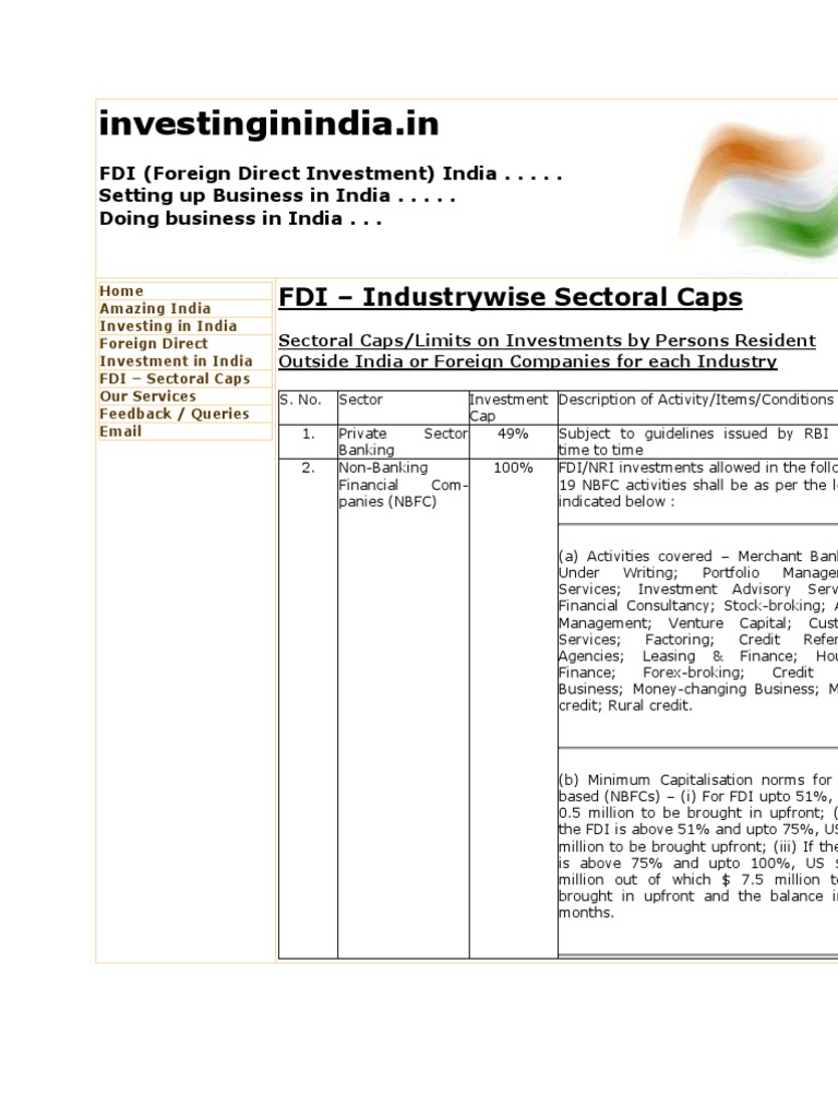 Investinginindia - In: FDI - Industrywise Sectoral Caps | PDF | Foreign ...