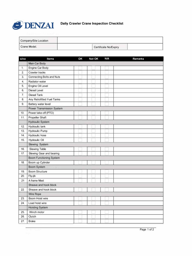 Crawler Crane - Daily Check List | PDF | Crane (Machine) | Vehicle ...
