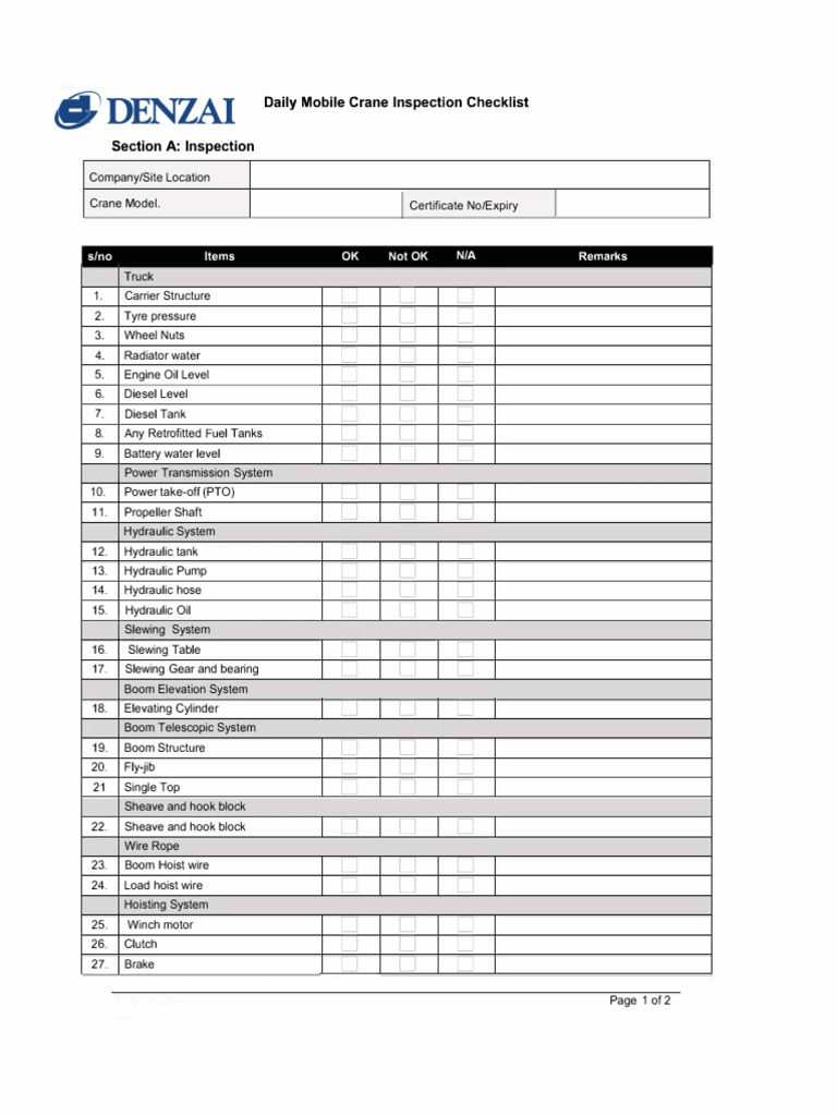 Mobile Crane - Daily Check List | PDF | Crane (Machine) | Manufactured ...