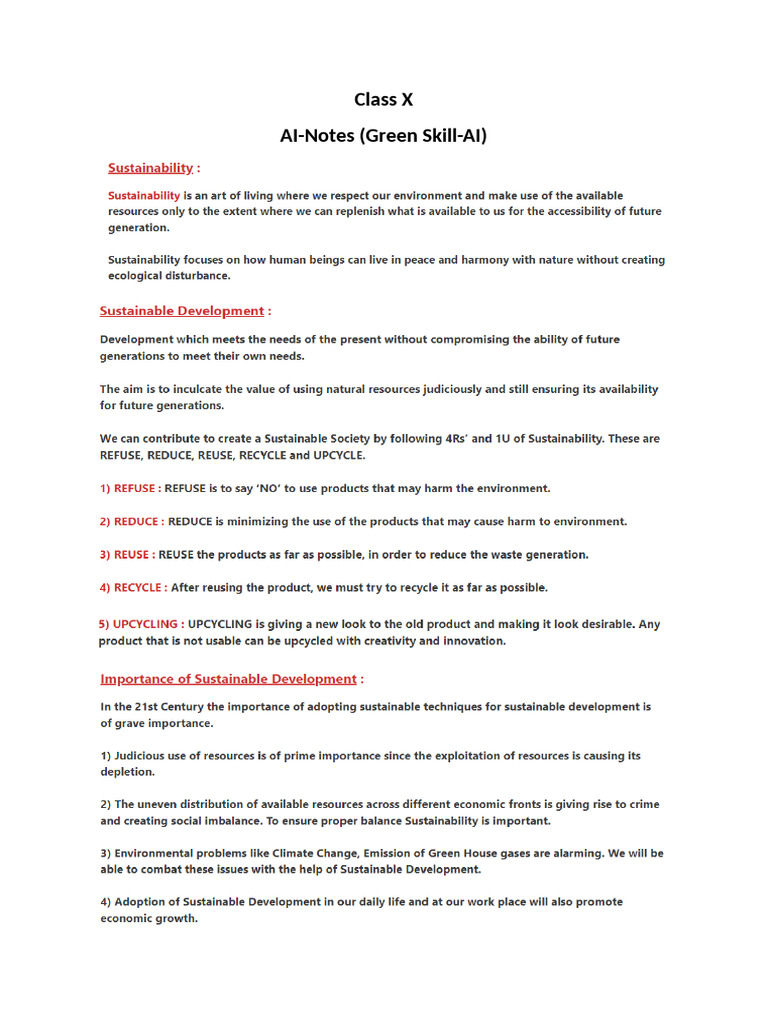 Class 10 AI Notes Green Skill | PDF