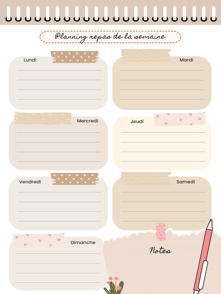 Planning repas de la semaine beige pastel | PDF