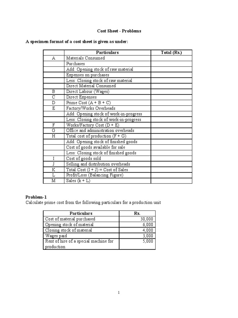 how to solve cost sheet problems