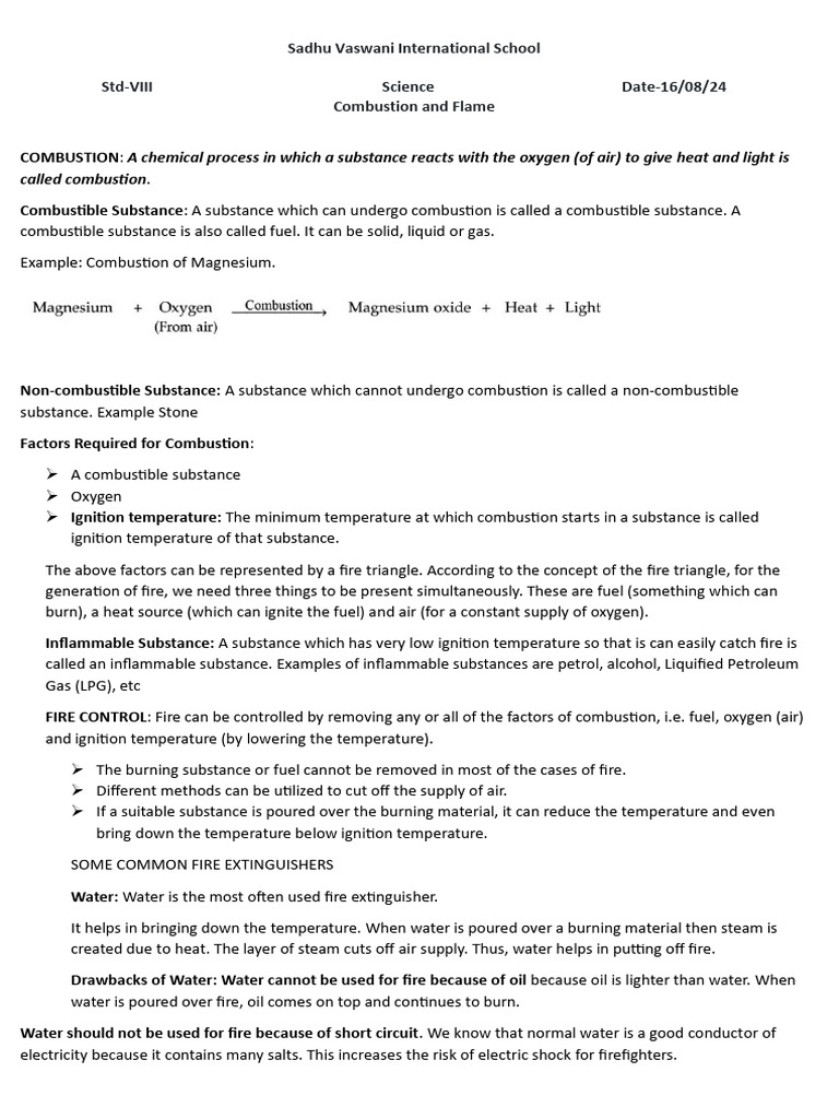 Combustion And Flame Class 8 Extra Questions