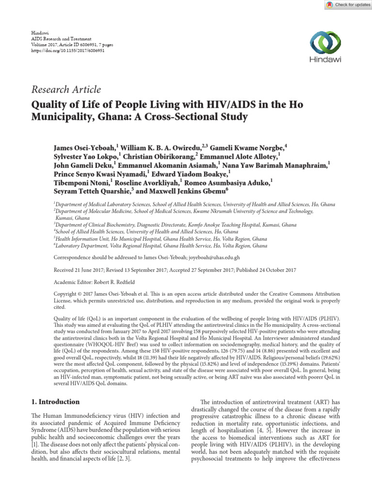 Research Article: Quality of Life of People Living With HIV/AIDS in The ...