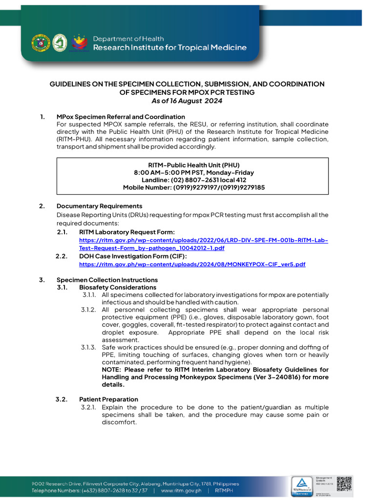 Guidelines On The Specimen Collection and Submission of Specimen For ...