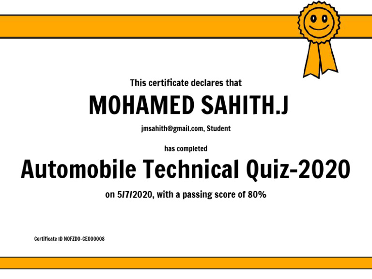 Certificate for mohamed sahith j for automobile technical quiz 2020 pdf