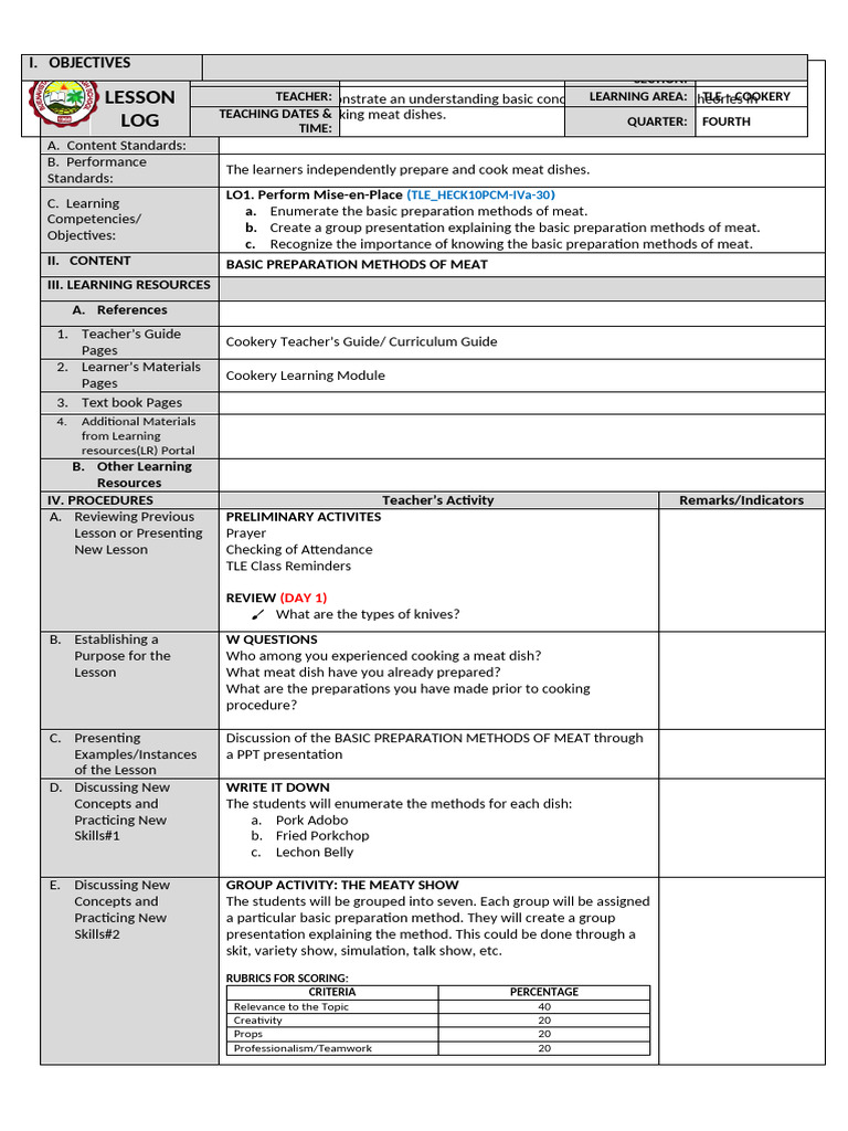 Week 2 day 1 2 basic preparation methods of meat pdf
