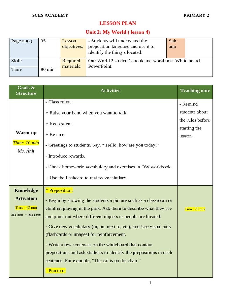 Lesson Plan 4 - Ow 1 - Unit 2 | PDF