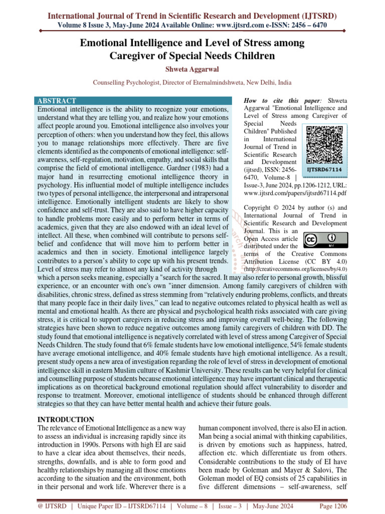 Emotional Intelligence and Level of Stress Among Caregiver of Special ...