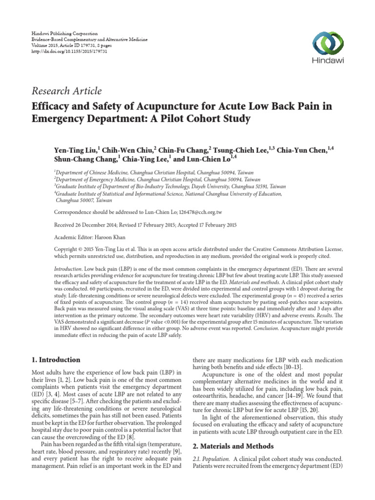 Efficacy and Safety of Acupuncture For Acute Low Back Pain in Emergency ...