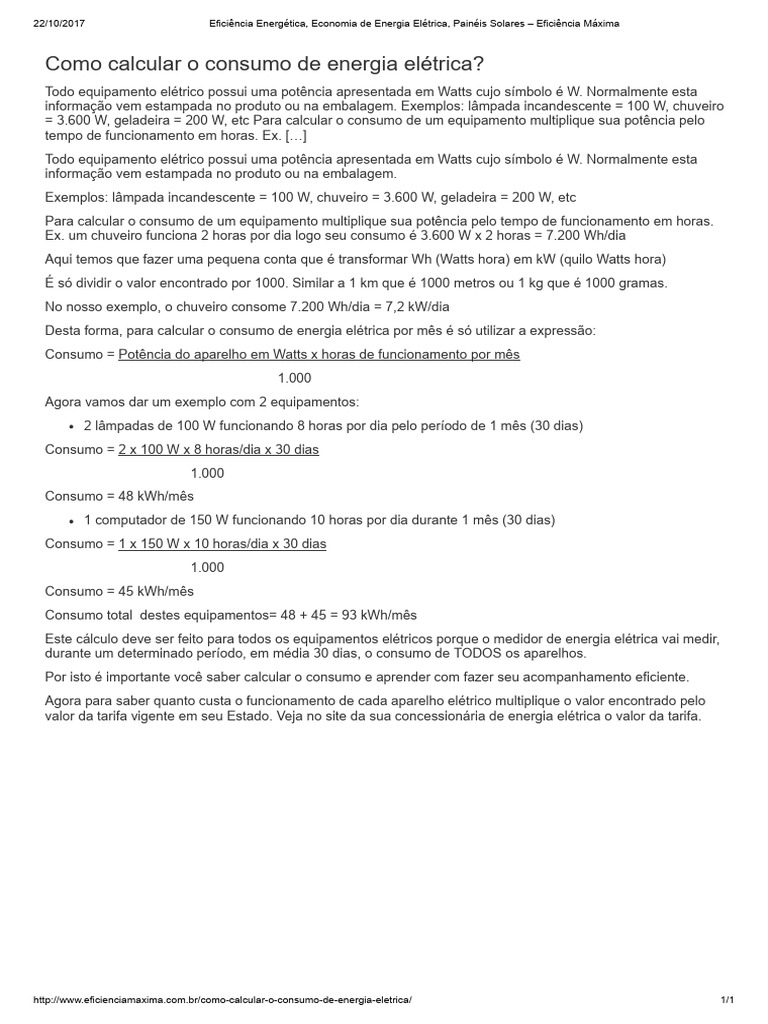 Como Calcular o Consumo de Energia Elétrica | PDF