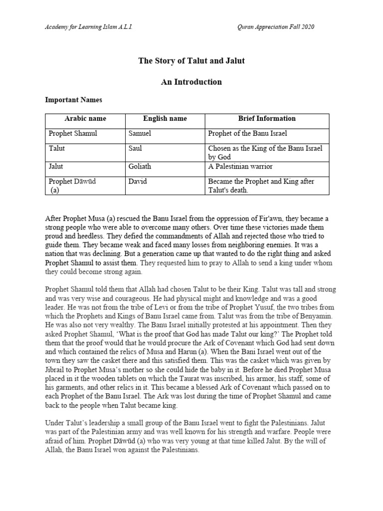 The Tale of Talut and Jalut | PDF | Goliath | Moses In Islam