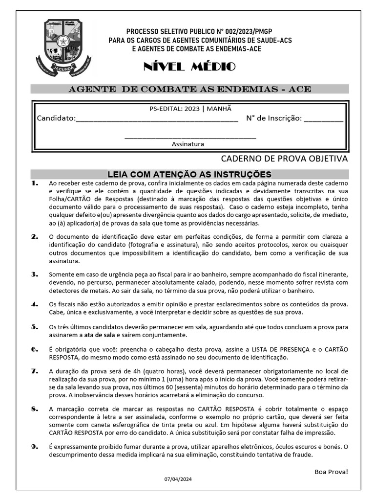 Caderno de Prova Ace | PDF
