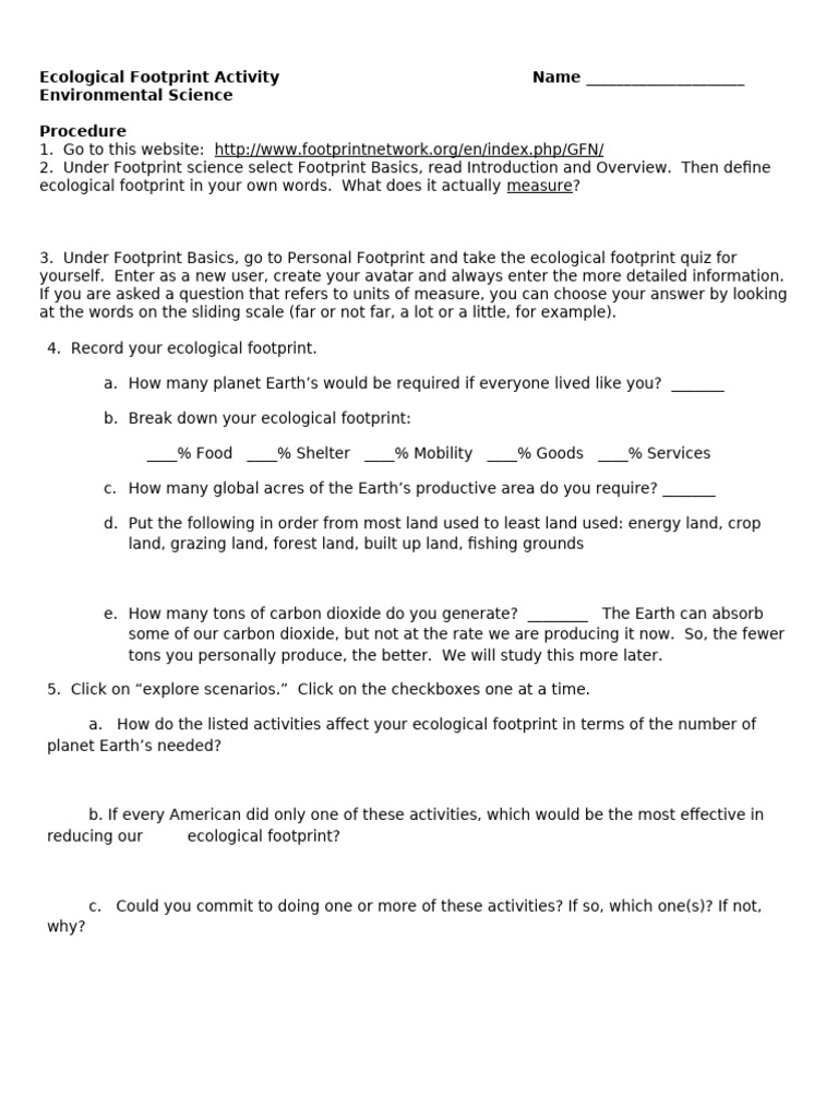 Ecological Footprint Activity | PDF
