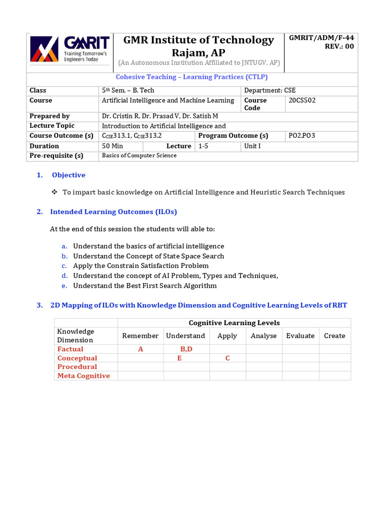 GMR Institute of Technology Rajam, AP: 1. Objective | PDF