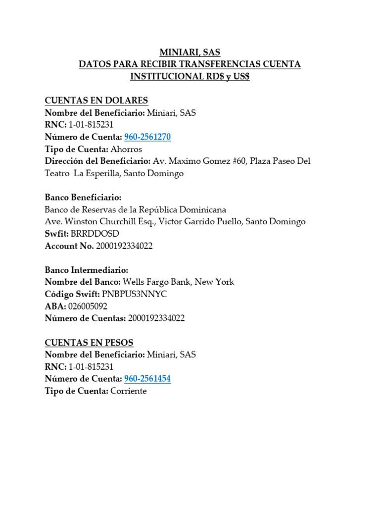 DATOS BANCARIOS Instrucciones para Recibir Transferencias RD$ y US ...