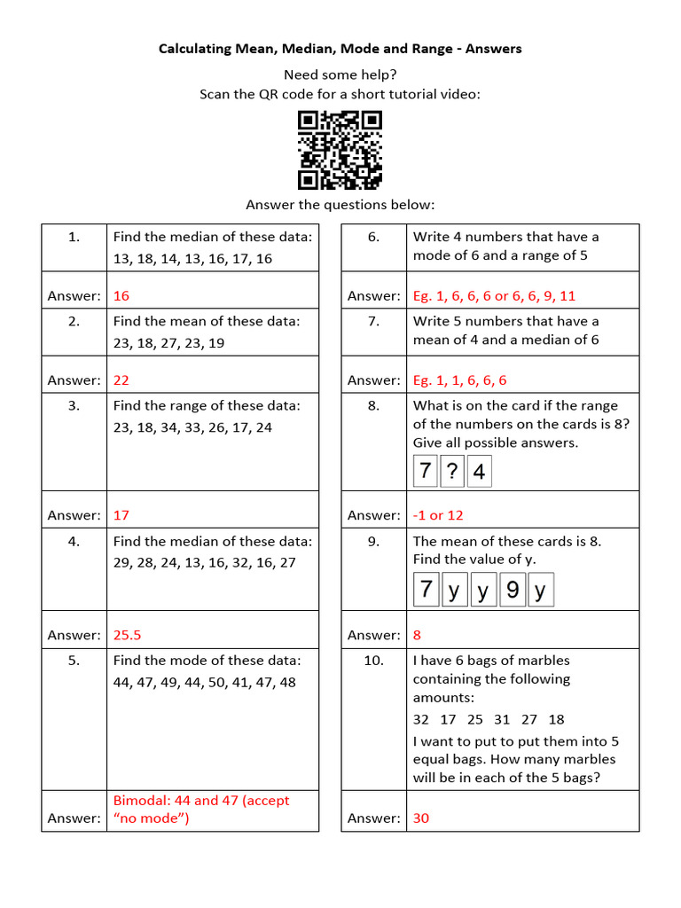 4 Calculating Mean Median Mode and Range - Answers | PDF
