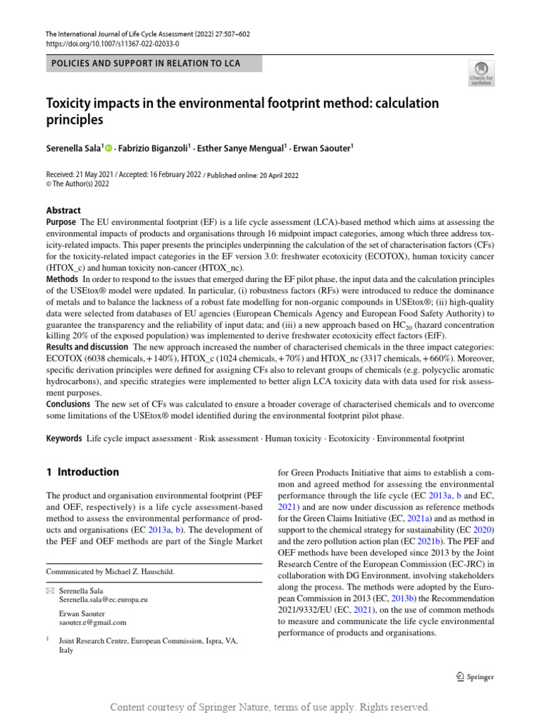 Toxicity Impacts in The Environmental Footprint Me | PDF