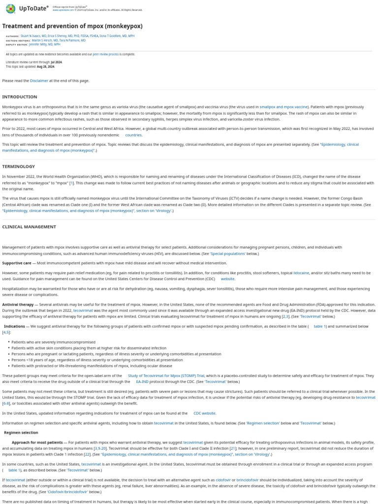 Treatment & Prevention of Mpox (Monkeypox) - UTD | PDF | Smallpox ...