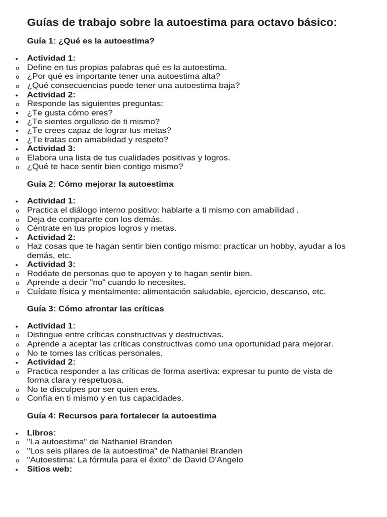 Guías de Trabajo Sobre La Autoestima para Octavo Básico | PDF