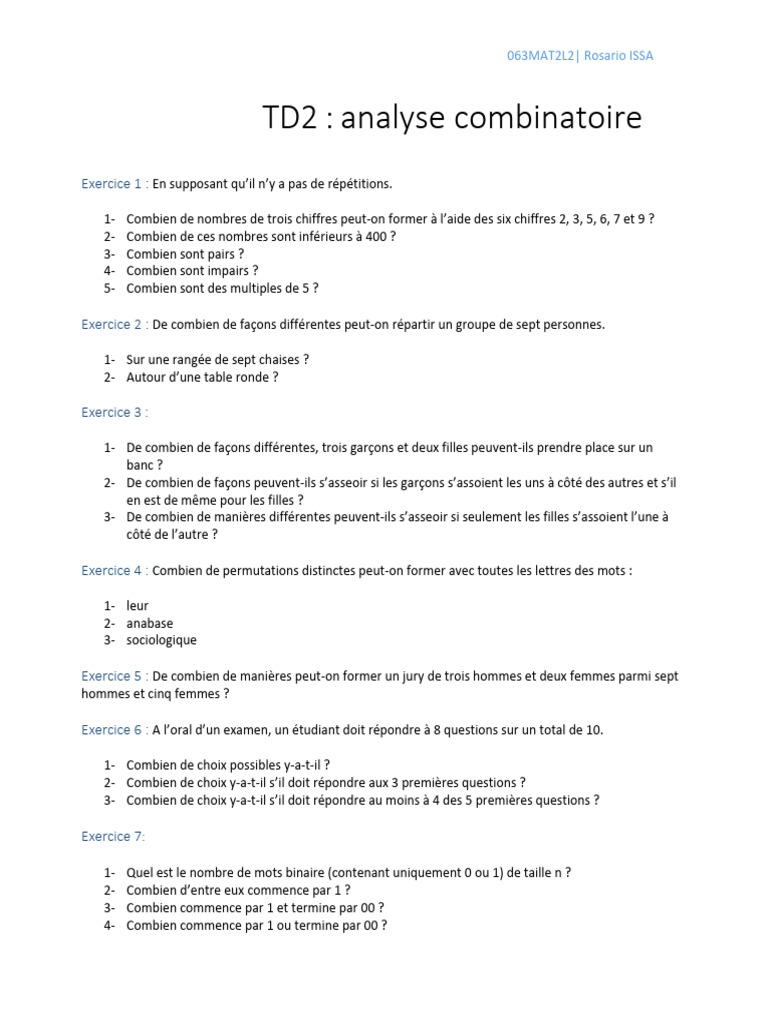 TD2 Analyse Combinatoire | PDF