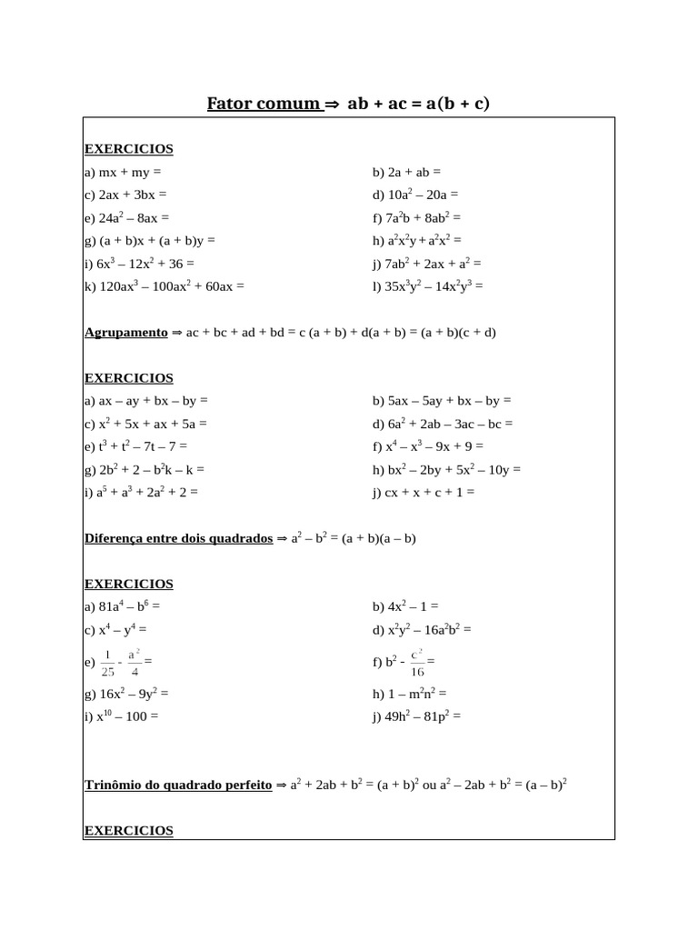 Lista Exercicios 9 Ano Fatoração | PDF