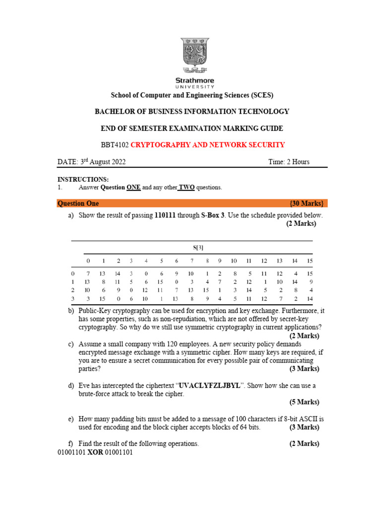 BBT 4102 - Cryptography and Network Security - July 2022 B | PDF