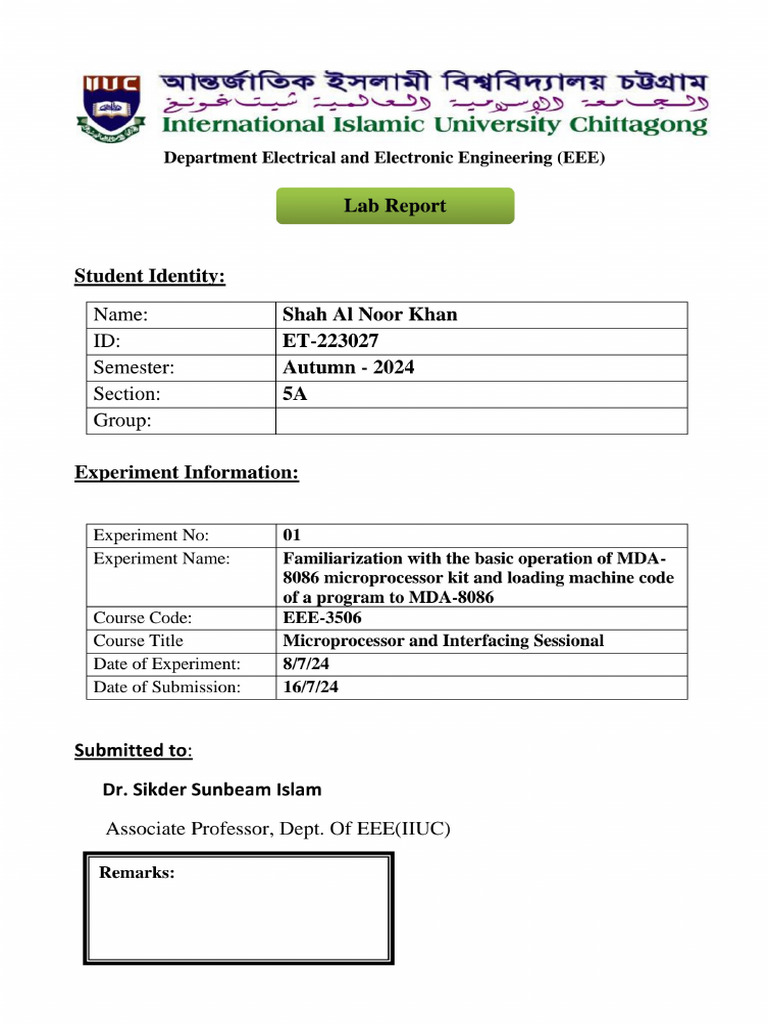 Microprocessor Lab Report 01 Pdf