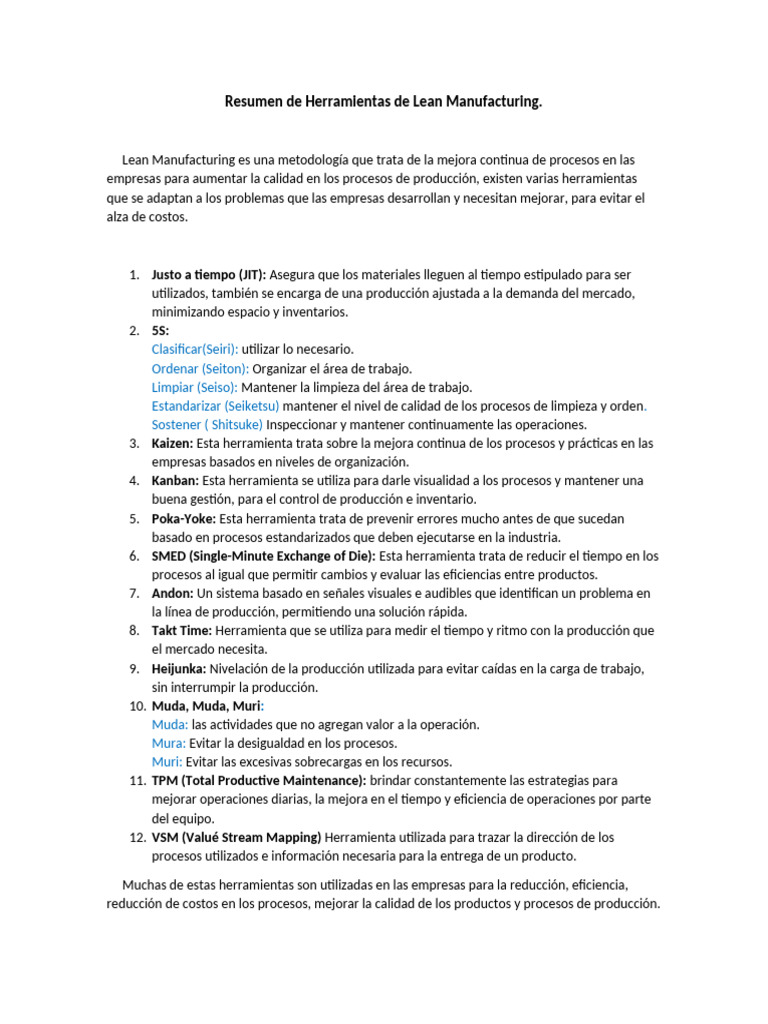 Resumen de Herramientas de Lean Manufacturing | PDF | Lean ...