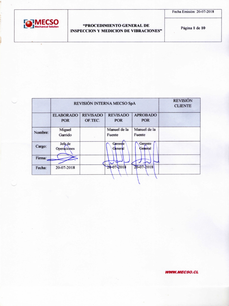 PROCEDIMIENTO DE INSPECCION Y MEDICION DE VIBRACIONES MECSO SpA | PDF
