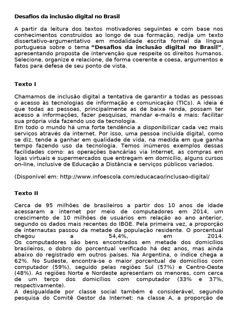 TEMA 5 - 2024 - ENEM - Desafios Da Inclusão Digital No Brasil | PDF