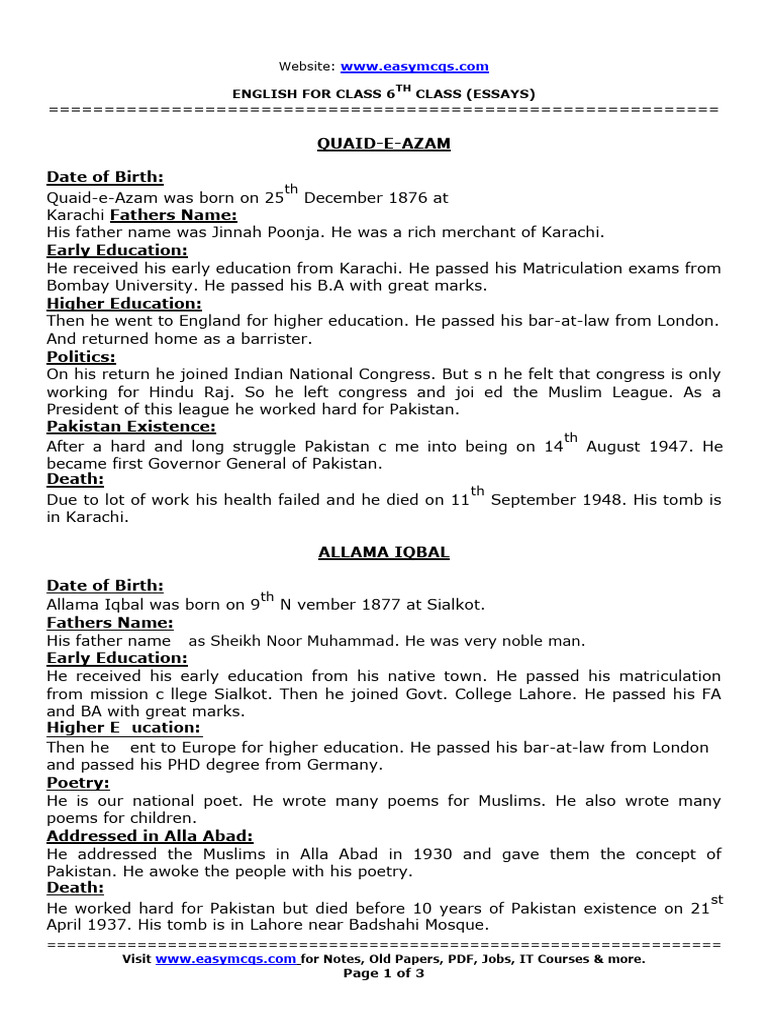 6th Class English Essays Notes | PDF