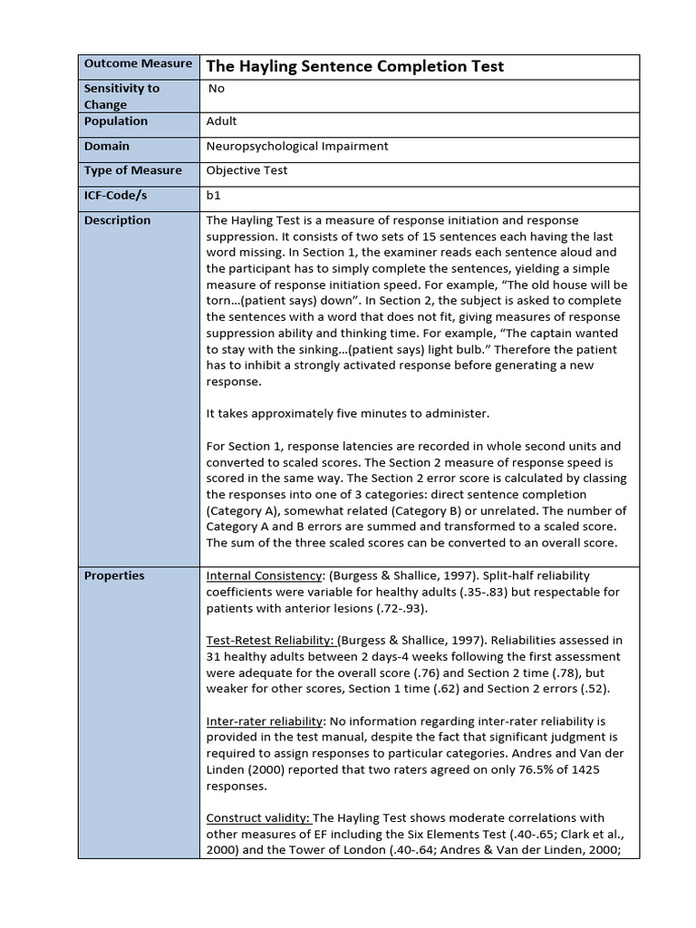 Hayling Sentence Completion Test Overview | PDF | Neuroscience | Cognition