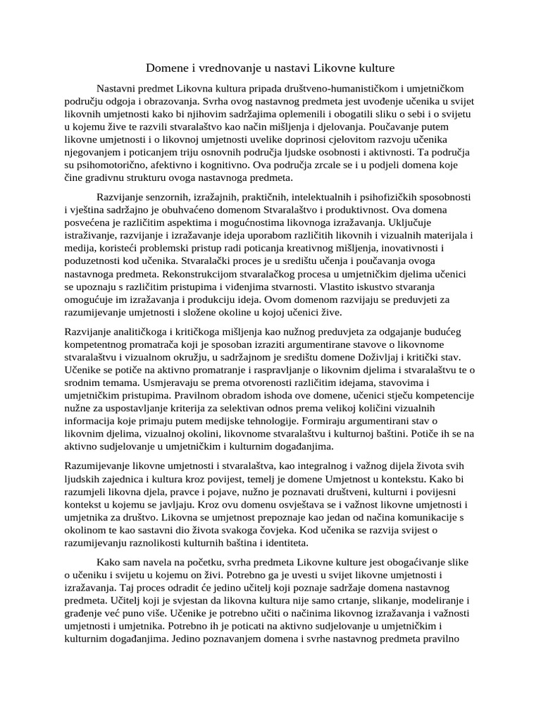 Domene I Vrednovanje U Nastavi Likovne Kulture | PDF