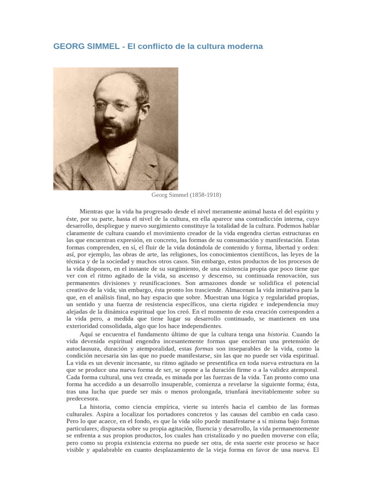 GEORG SIMMEL - El Conflicto de La Cultura Moderna | PDF