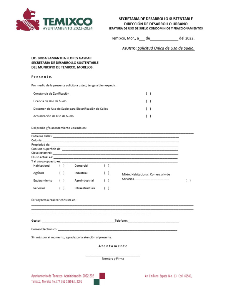 Solicitud De Uso De Suelo Pdf