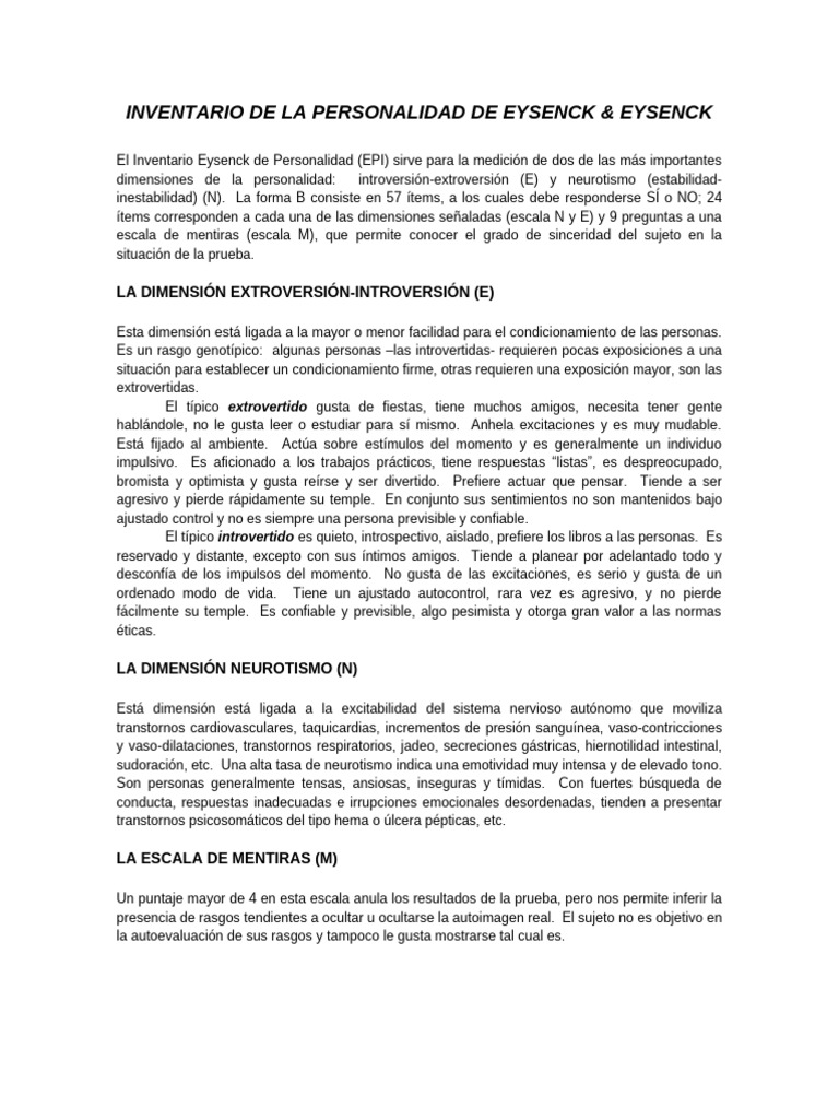 TEST DE EYSENCK (interpretación y calificación) | PDF
