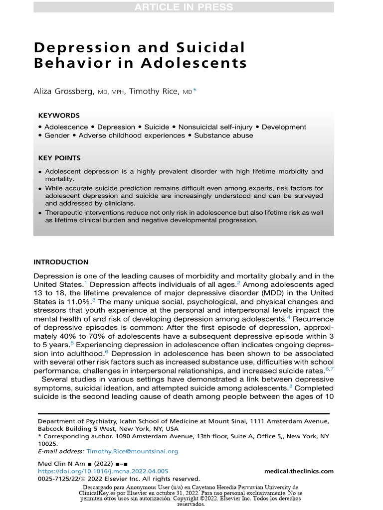 Depression and Suicidal Behavior in Adolescents | PDF