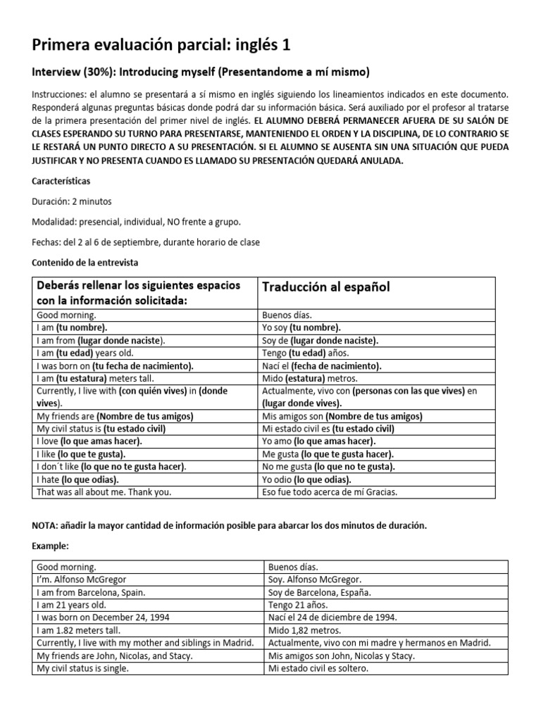 Ingles 1 - Primera Evaluación Parcial (Guia) | PDF