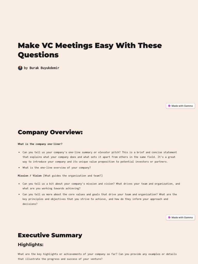 Essential VC Meeting Questions Guide | PDF | Risk | Career & Growth