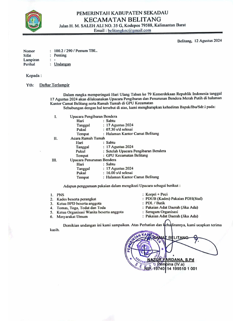 Undangan Hut Ri Ke 79 Kec Belitang | PDF