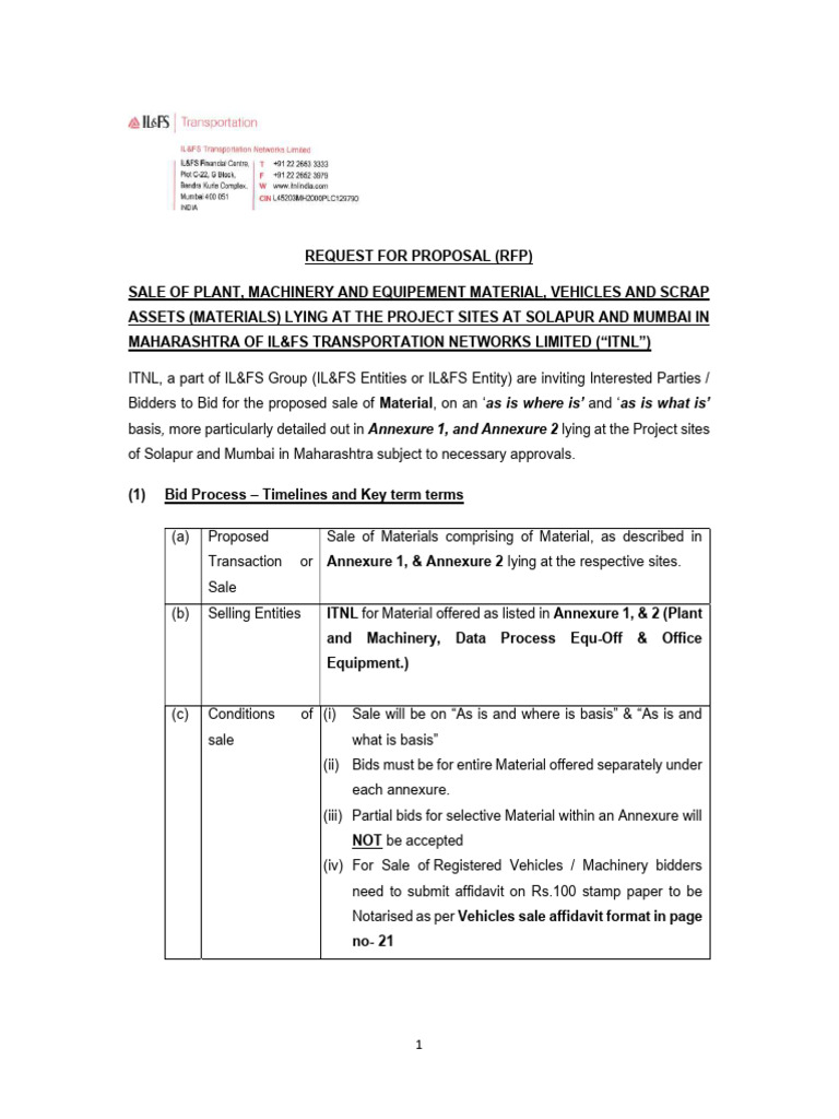 RFP-BIDDING FOR SALE OF ASSETS-ITNL - Maharashtra-08 May 2024 | PDF