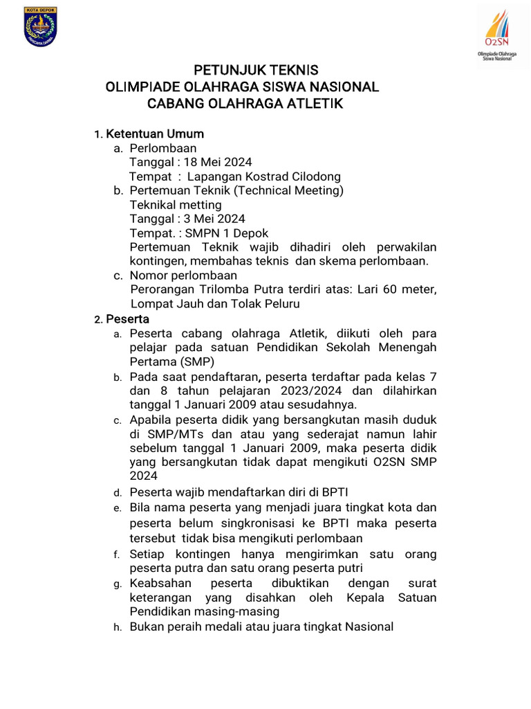 Juknis 02SN Cabang Olahraga Atletik Tahun 2024 PDF-3 New | PDF