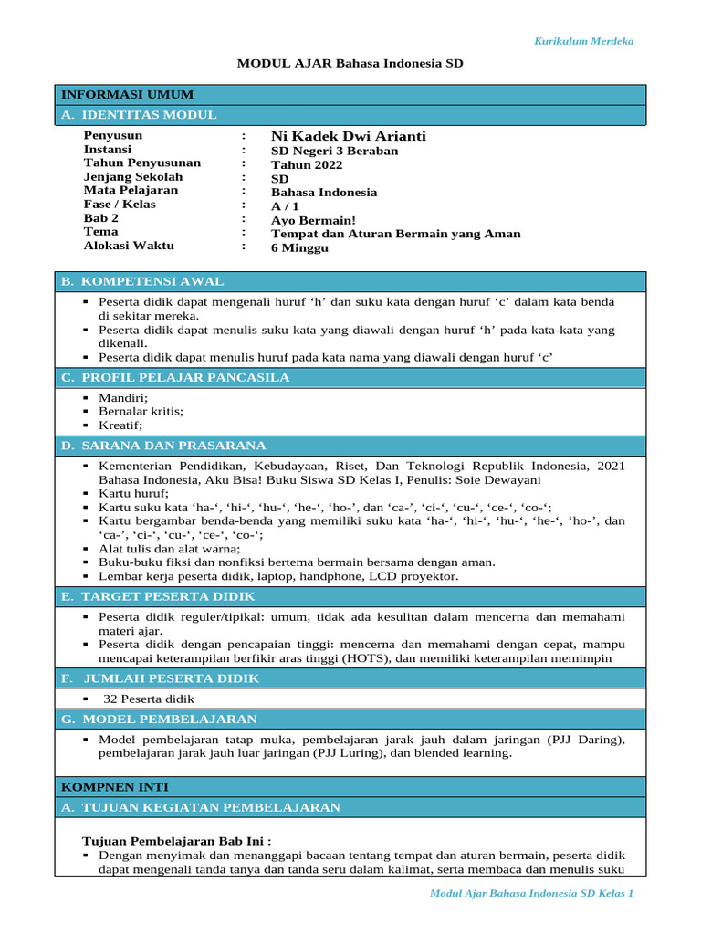 Modul Ajar Bahasa Indonesia SD Kelas 1 | PDF