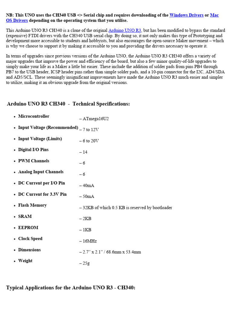 Arduino UNO R3 CH340 - Technical Specifications:: Windows Drivers Mac ...