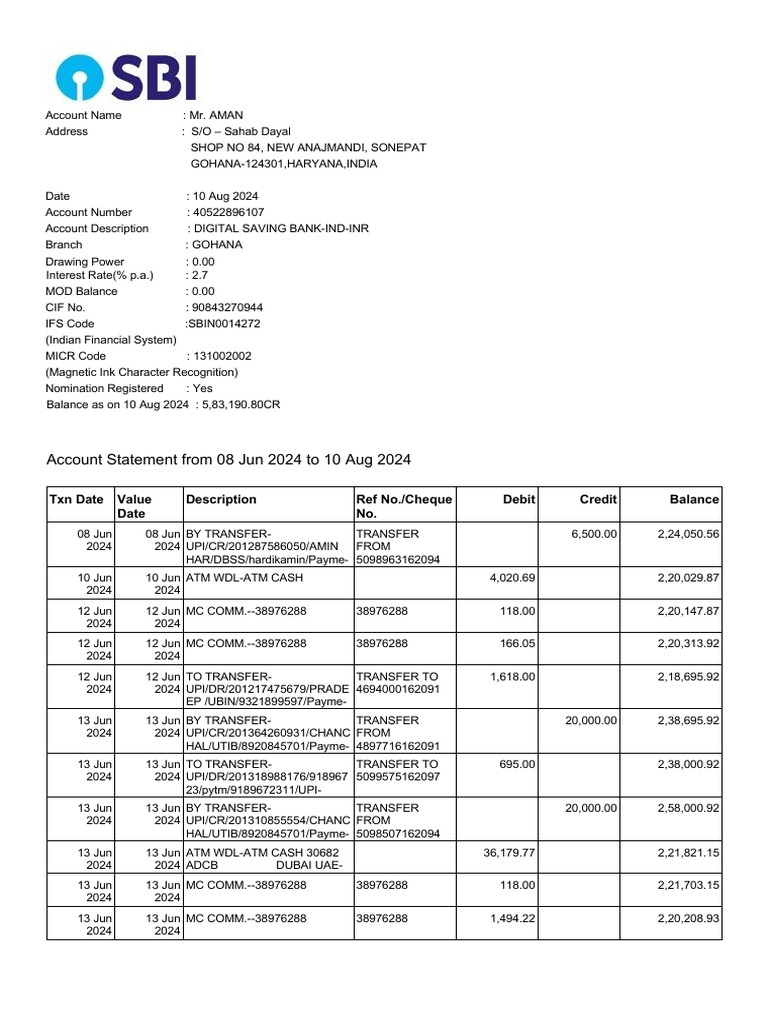 Account Statement From 08 Jun 2024 To 10 Aug 2024 | PDF
