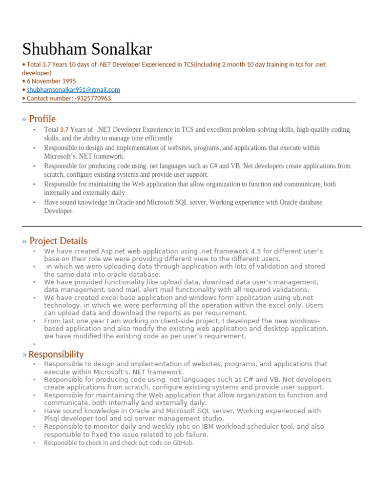 .NET Developer Resume - Shubham Sonalkar | PDF | World Wide Web | Art