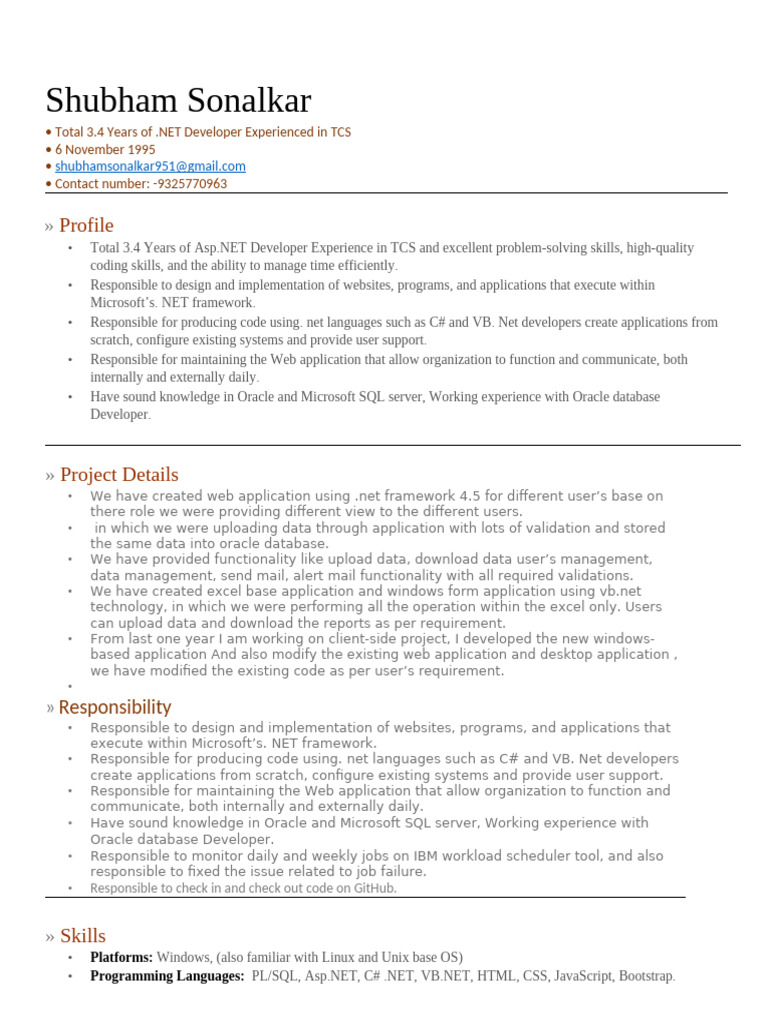 .NET Developer Resume - Shubham Sonalkar | PDF | Databases | World Wide Web